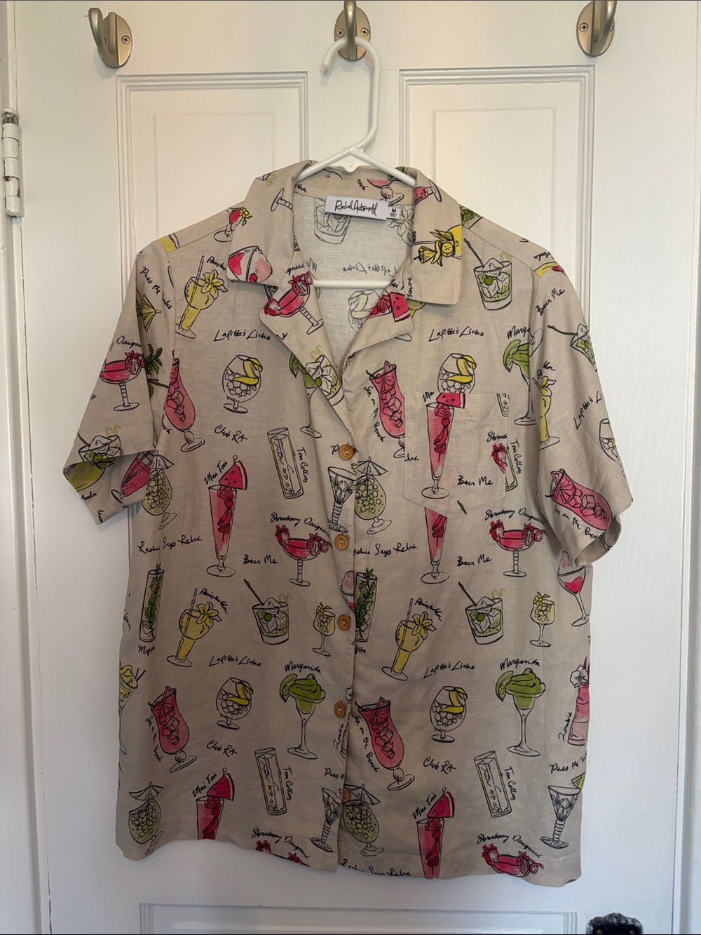 Rachel Antonoff Beige Cocktail-Print Short Sleeve Button Shirt